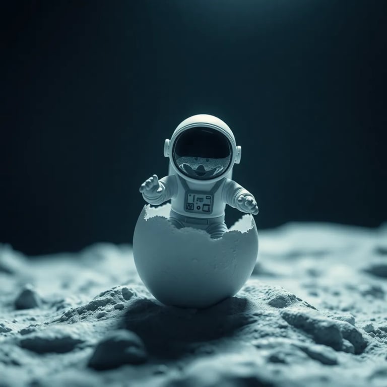 a tiny astronaut hatching from an egg on the moon